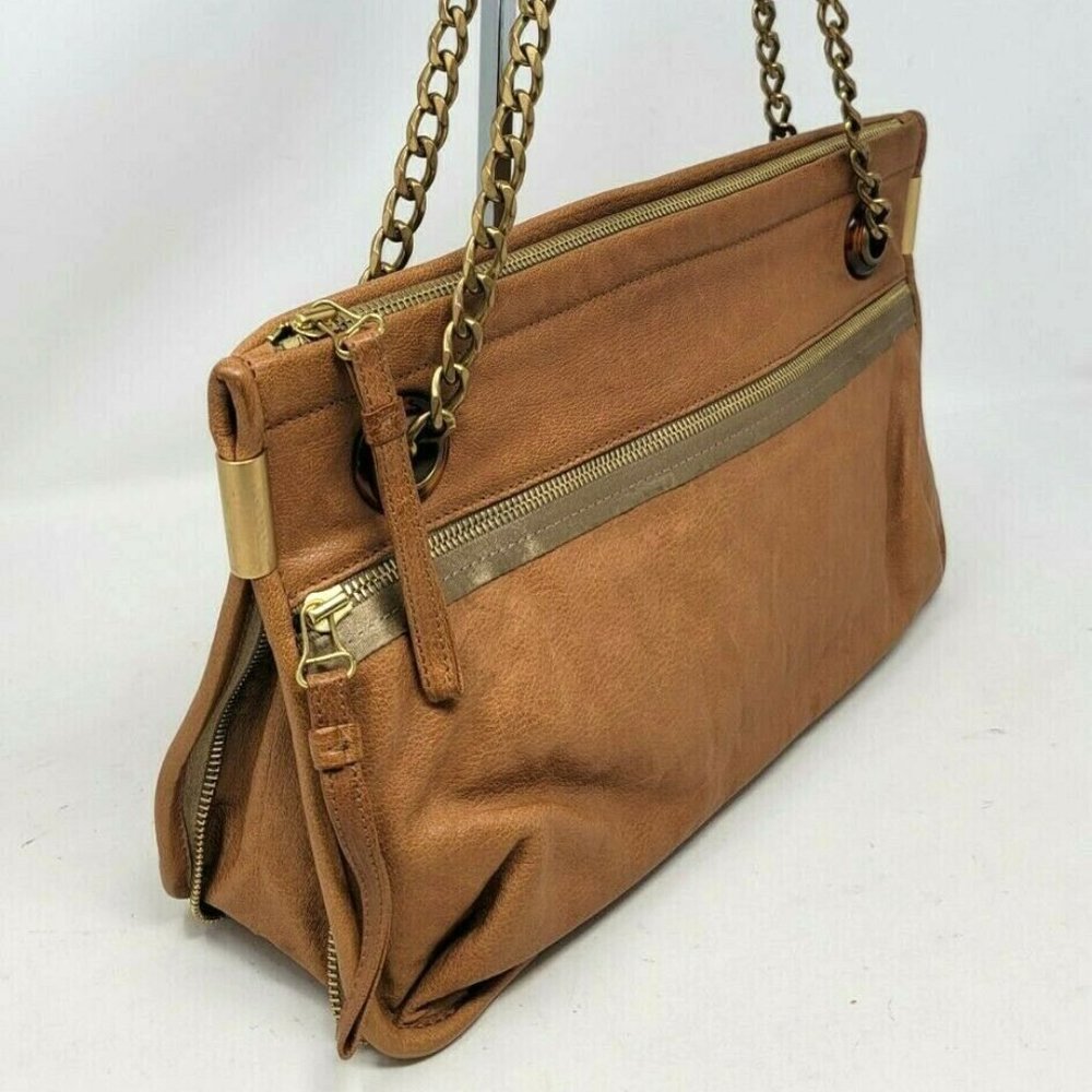 Lanvin Happy Camel Brown Leather Chain Medium Shoulder Hand Bag Authentic